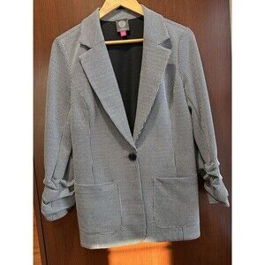 Vince Camuto Size 12 Stretch Career Blazer Ruched Sleeve Houndstooth Jacket